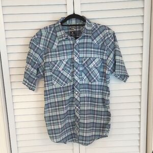 Casual Country Outfitters Shirt, Sz M, Plaid, Blue, Aqua, Pearl Snaps,‎ Collar